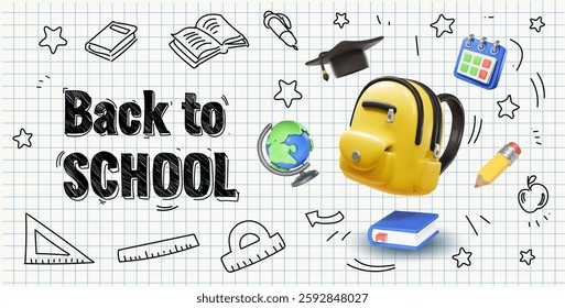 Back to school poster. Yellow backpack, book, globe and mortarboard icons with education earning doddles on lined sheet of paper, Vector banner illustration