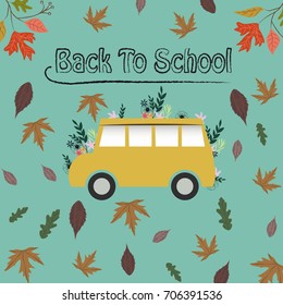Back to school poster with school yellow bus on colorful autumn pattern background with fall leaves.Back to school hand drawn typography.Vector illustration.