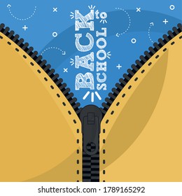 Cartel de regreso a la escuela. Suelo del cierre de la mochila escolar - Vector