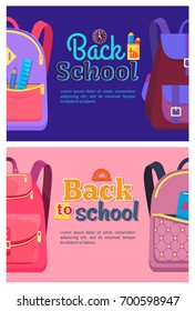 Back to school posters with backpacks for children with school stationery accessories pencils and rulers in pockets vector isolated in flat style