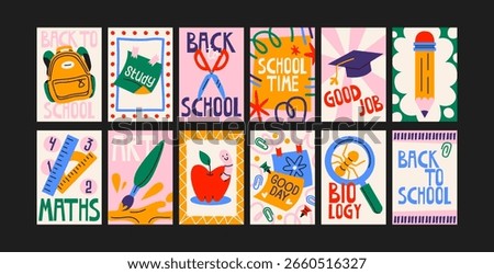 Back to school posters. Backpacks, school items, stationery, notebooks in retro groovy cartoon style.Retro vector  elements for study, school, university. Decor of wallpaper, walls, print and postcard
