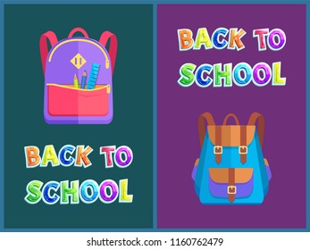 Back to school posters with backpacks for pupils. Rucksacks or satchels full of stationery supplies, pencils and ruler banners vector illustrations.