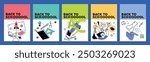 Back to school posters and banners. Vector illustration of education, learning, back to school, reading book, online course and training, distance education and online learning.