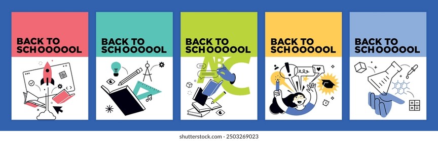 Back to school posters and banners. Vector illustration of education, learning, back to school, reading book, online course and training, distance education and online learning.