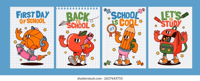 Back to school posters. Cards with educational characters. Retro funky mascot. Cool basketball ball, backpack, pencil, apple and bookworm on paper notes. Vector education concept.