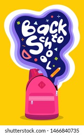 Back to school posters design. Pink backpack and school supplies on colorful background