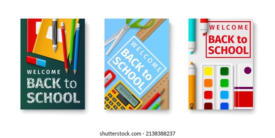 Back to school posters. Educational students tools. Bright colors stationery banners. Education and getting knowledge. Study supplies. Vector realistic learning