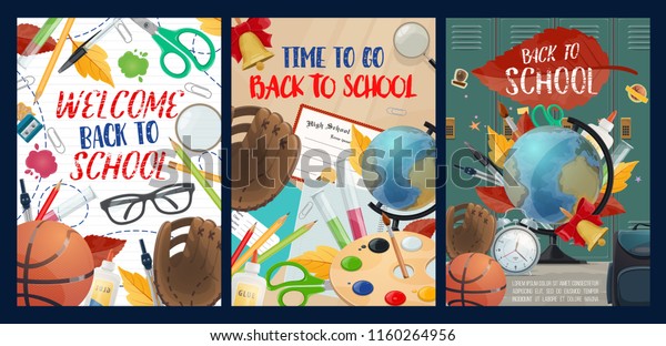 Back to school posters with fall leaves and\
stationery. Basketball and glasses, notebook and globe, lockers and\
baseball glove, palette and flasks, pen and pencils, scissors and\
magnifier vector