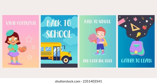 Back to school posters in flat style. Eye-catching poster featuring four flat illustrations for a dynamic 'Back to School' event. Vector illustration.