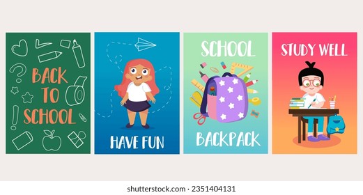 Back to school posters in flat style. Stylish colorful cover with flat illustrations, perfect for 'Back to School' posters. Vector illustration.