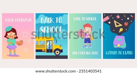 Back to school posters in flat style. Eye-catching poster featuring four flat illustrations for a dynamic 'Back to School' event. Vector illustration.