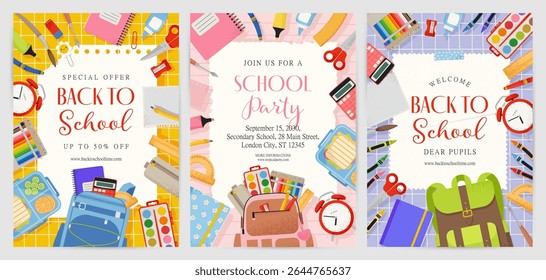 Back to School Posters or Flyers. School Backpack and Supplies. Vector illustration in trendy flat style