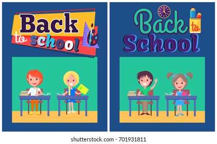 Back to school posters with girls and boys during lessons sitting at deskd and doing daily activities vectors with sticker inscription above illustration
