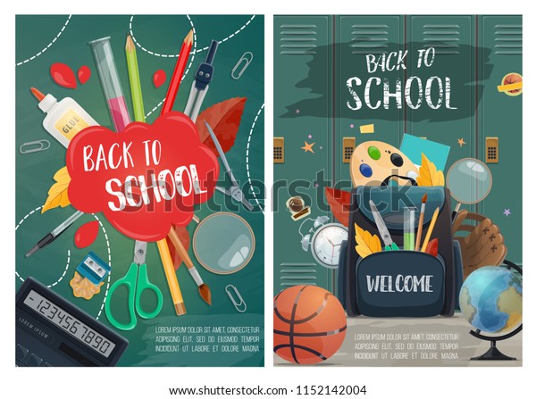 Back to school posters, hall with lockers and
backpack full of stationery for education, pencils and scissors,
globe and basketball, palette and baseball glove, calculator and
fall leaves vector