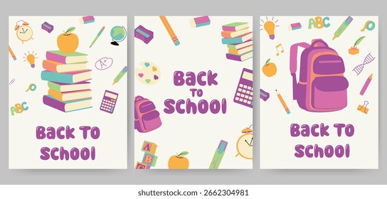 Back to School posters and illustrations. Fun education themed vector design for back-to-school announcements, kids, teachers, and classrooms.
