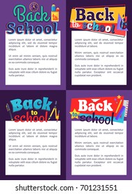 Back to school posters with place for text in white frame and stationery objects as wooden protractor, set of rulers and compass divider vector