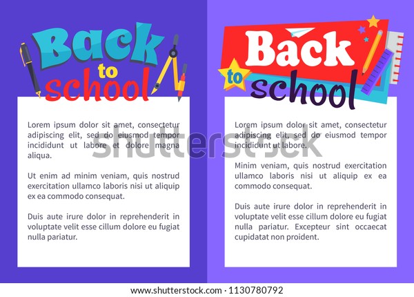 Back to school posters with place for text in\
white frame and stationery objects as wooden protractor, set of\
rulers and compass divider\
vector