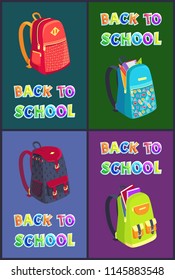 Back to school posters set with backpacks of different types. Bag with notebook and pencil heart and ruler print on satchel rucksack schoolbag vector