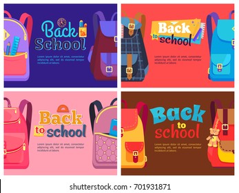 Back to school posters set with backpacks for children with school stationery accessories pencils and rulesr in pockets vector