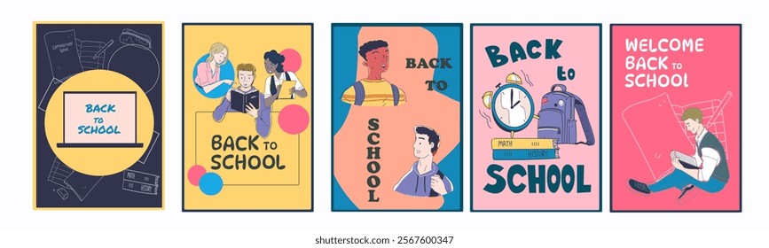 Back to school posters set. Boys and girls with books and textbooks. Education, learning and training. Cover or banner. Flat vector collection isolated on white background