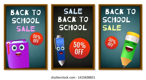 Back to school posters set with cartoon book, pen and pencil. Sale flyers design with cute school supplies. Vector illustration can be used for banners, ads, signs