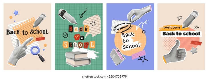 Back to school posters set. Collages with halftone hands, books, 3d stationery elements, torn paper from copy book, ragged notes, brush strokes graphics. Vector retro illustration. Education concept.