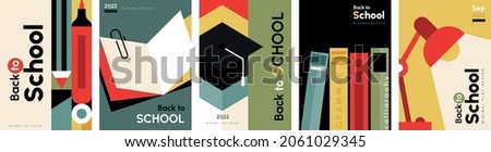 Back to school posters set. Colorful templates with pencil, book, graduation hat and lantern. Design elements for covers, social networks. Cartoon flat vector collection isolated on white background