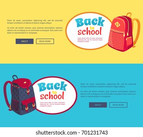 Back to school posters set with fashionable model of kids backpack in dark blue and red colors with metal fasteners and pockets vector illustrations isolated