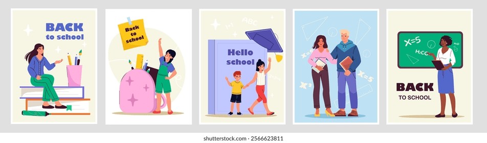 Back to school posters set. Kids with books and teacher near chalkboard. Education, learning and training. Flat vector collection isolated on white background