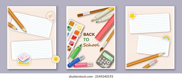 Conjunto de afiches de regreso a la escuela. Lápices, acuarelas y rotuladores. Material escolar y accesorios. Educación y aprendizaje, formación. Colección de Vector plana aislada sobre fondo gris