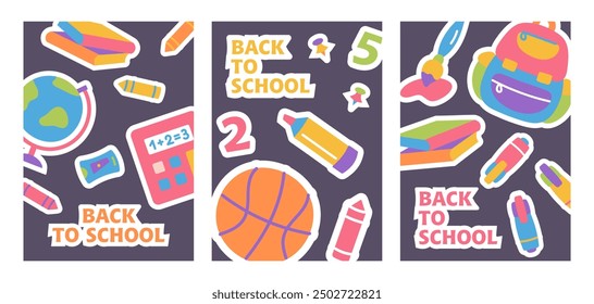 Back to school posters set. Trendy posters, banners, cards with stationery, books, pen, markers. Layout for discount labels, flyers and shopping. Vector illustration on dark background