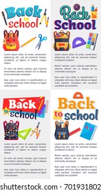 Back to school posters with stationery objects as rucksack bag, paints with brush, ABC book, scissors with rulers vector with text below