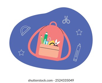 Back to school preparation, filling bags with school supplies, back to school vector illustration.