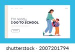 Back to School, Preparation for Studying Landing Page Template. Mother Character Take On Rucksack on Schoolboy Prepare for Lesson. Boy Pupil Ready for Education. Cartoon People Vector Illustration