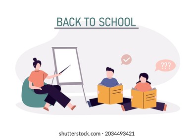 Back to school. Prepscholar kids with book listen teacher. Pupil reading textbook. Female tutor in front of board explaining example information. Education, learning concept. Flat Vector illustration