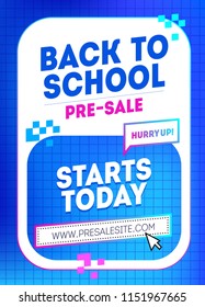 Back to school pre-sale banner design. Poster promotional vector discount sale promo art.
