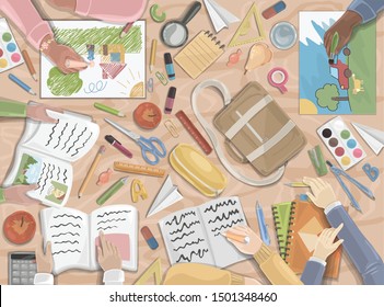 Back to school, preschool, childhood set. Group of employed boys and girls of pupils or pupils perform homework. Vector doodle set.