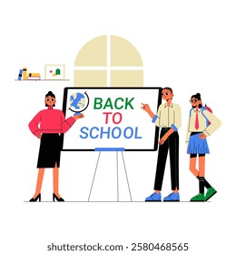 Back To School Presentation With Teacher And Students In Flat Vector Illustration Symbolizing Education, Classroom Learning, And Academic Preparation, Isolated On White Background