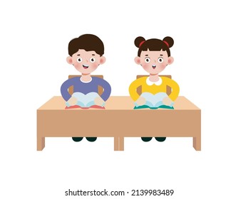 back to school Primary school cute asian pupils sit at desk, Elementary education, children reading book, Kids getting knowledge on lesson in class Learning isolated on white background vector
