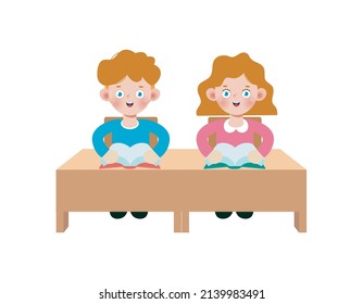back to school Primary school cute Caucasian pupils sit at desk, Elementary education, children reading book, Kids getting knowledge on lesson in class Learning isolated on white background vector