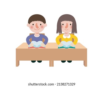 back to school Primary school cute pupils sit at desk, Elementary education, children reading book, Kids getting knowledge on lesson in class Learning isolated on white background vector illustration