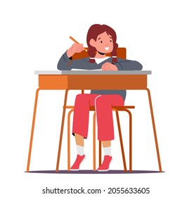 De vuelta a la escuela, Concepto de Educación Primaria. Niña pequeña en aula escolar, personaje de colegiala sentado en la mesa de escritura en cuaderno durante la lección. Ilustración del vector de dibujos animados