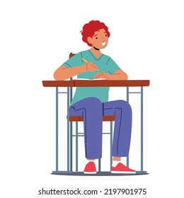 Back to School, Primary Education Concept. Little Kid Student in School Classroom, Schoolboy Character Sitting at Desk Writing in Notebook during Lesson. Cartoon Vector Illustration