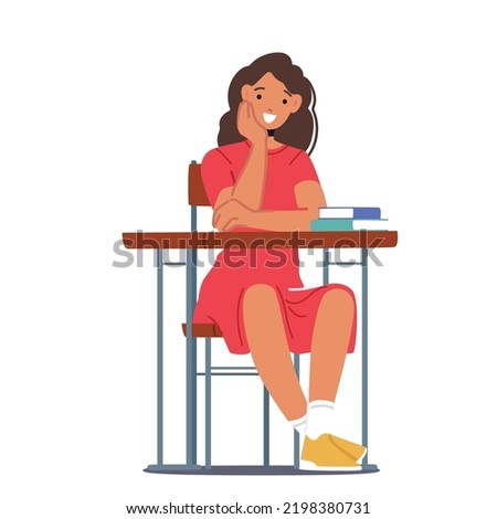 Back to School, Primary Education Concept. Little Kid Student in School Classroom, Schoolgirl Character Sitting at Desk Listening Lesson, Little Student Gain Knowledge. Cartoon Vector Illustration