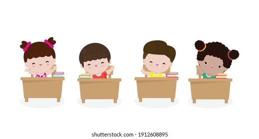 back to school Primary school pupils sit at desk, Elementary education, children writing in copybook,Kids getting knowledge on lesson in class Learning isolated on white background vector illustration