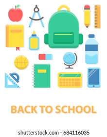 Back to school print concept. School stuff and Pupil items. Isolated vector illustration