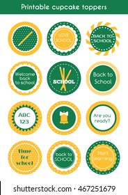 Back to school printable cupcake toppers. Vector set of circle stickers, labels for school party