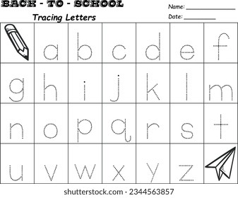 De vuelta a la escuela: Hoja de trabajo Imprimible de seguimiento de alfabetos en minúsculas de escritura preescolar-infantil.