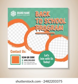 Back to School program social media banner design template in square layout. Vector Illustration with space for photo collage. Perfect for Banners, Social Media, Printed Materials use orange and green