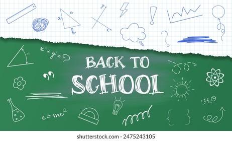 back to school promo banner concept with chalkboard, notebook sheet and hand drawn scribble elements